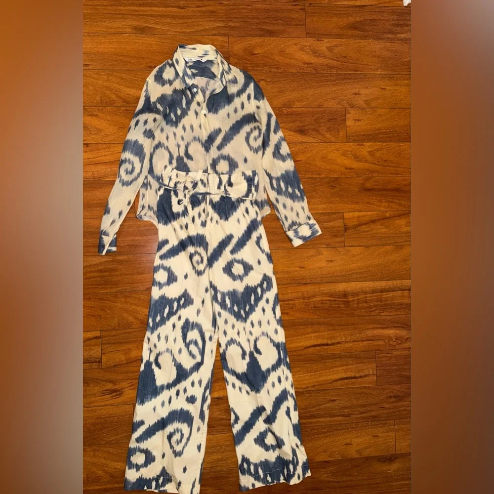 ZARA Printed Ramie Shirt & Pants Set LIMITED EDITION Blue Cream Size S/XS